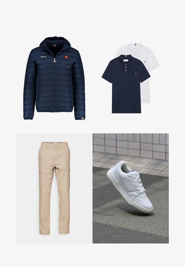 Tengerészkék puffos dzseki kapucnival, cipzáras záródással, csatorna varrással, és logóval díszített mellkassal és ujjakkal. Puha, texturált anyag.; Két pólóing: az egyik sötétkék, a másik fehér, mindkettőn kicsi piros, fehér és kék díszítés található a mellzsebből és a galléron.; Beige tehernadrág tartós szövetből, több oldalsó zsebbel, klasszikus szabással és egyenes lábakkal, egyszerű varrással.; Fehér bőr sneaker perforált oldalakkal, texturált részletekkel, lapos fűzőkkel és kontrasztos szürke sarokkal. Enyhén megemelt talppal rendelkezik.