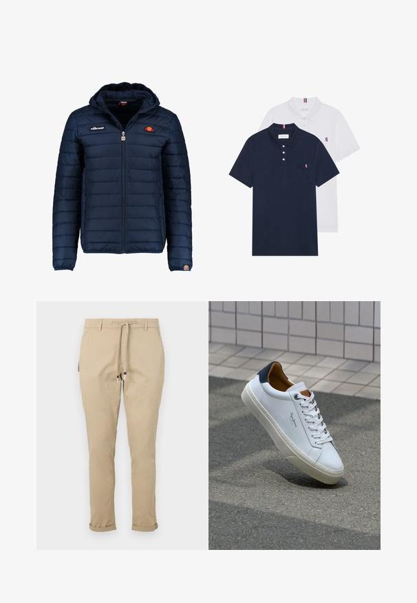 Mornaricnoplava pufasta jakna s kapuljačom, zatvaranje na zip, kanalno šivanje i akcenti s logom na prsima i rukavu. Mekani, teksturirani materijal.; Dva polo majice: jedna tamnoplava i jedna bijela, obje s malim crveno-bijelim-plavim naglaskom na džepu i ovratniku.; Bež hlače s vezicom i suženim krojem, sa bočnim džepovima i tulipanima za jednostavan dizajn. Izrađene od laganog materijala.; Bijela kožna tenisica s mornarskom petom, okruglim vrhom i kontrastnim smešnim akcentima. Sadrži ravne vezice i teksturiranu gumenu potplat.