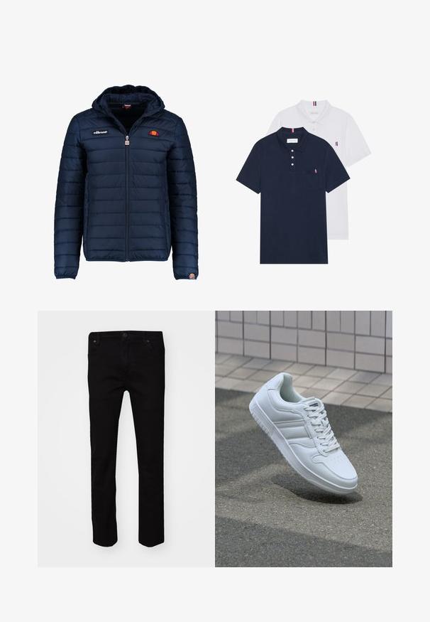 Giubbotto imbottito blu navy con cappuccio, chiusura con zip, cuciture a canale e dettagli con logo sul petto e sulla manica. Tessuto morbido e testurizzato.; Due polo shirt: uno blu navy e uno bianco, entrambi con un piccolo accento rosso, bianco e blu sulla tasca del petto e sul colletto.; Jeans neri a vestibilità slim, realizzati in cotone. Presentano cinque tasche, una chiusura con bottone metallico e una texture liscia.; Sneaker sportivo bianco con tomaia in pelle liscia, chiusura con lacci, punta perforata e suola decorata. Design minimalista con tre strisce laterali.