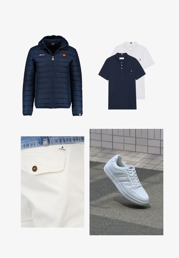 Námořnická modrá péřová bunda s kapucí, zipovým zapínáním, prošívaným vzorem a logem na hrudi a rukávu. Měkká, texturovaná látka.; Dvě polo trička: jedno námořnické modré a jedno bílé, obě s malým červeným, bílým a modrým akcentem na kapse a límci.; Bílé bavlněné šortky s přední kapsou, na kterých jsou hnědé knoflíky a malá nálepka JACK & JONES poblíž pasu.; Bílé sportovní tenisky s hladkým koženým svrškem, šněrovacím předním dílem, perforovanou špičkou a vzorovanou podrážkou. Minimalistický design se třemi bočními pruhy.