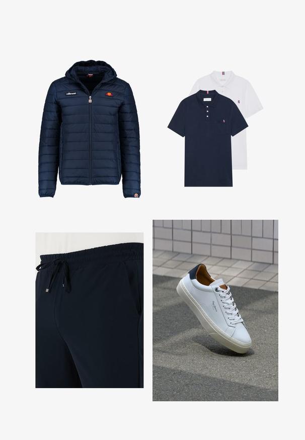 Námornícky modrá prešívaná bunda s kapucňou, zipsom, kanálovým prešívaním a logovými akcentmi na hrudi a rukáve. Mäkkučká, textúrovaná tkanina.; Dvoje polo tričiek: jedno námornícky modré a jedno biele, obidve s malým červeným, bielym a modrým akcentom na vrecku a golieri.; Námornícke modré športové nohavice s elastickým pásom, nastaviteľnou šnúrkou a bočnými vreckami, vyrobené z mäkkého, ľahkého materiálu.; Biele kožené tenisky s námorníckym opätkom, okrúhlou špičkou a kontrastnými hnedými akcentami. Majú ploché šnúrky a textúrovanú gumovú podrážku.