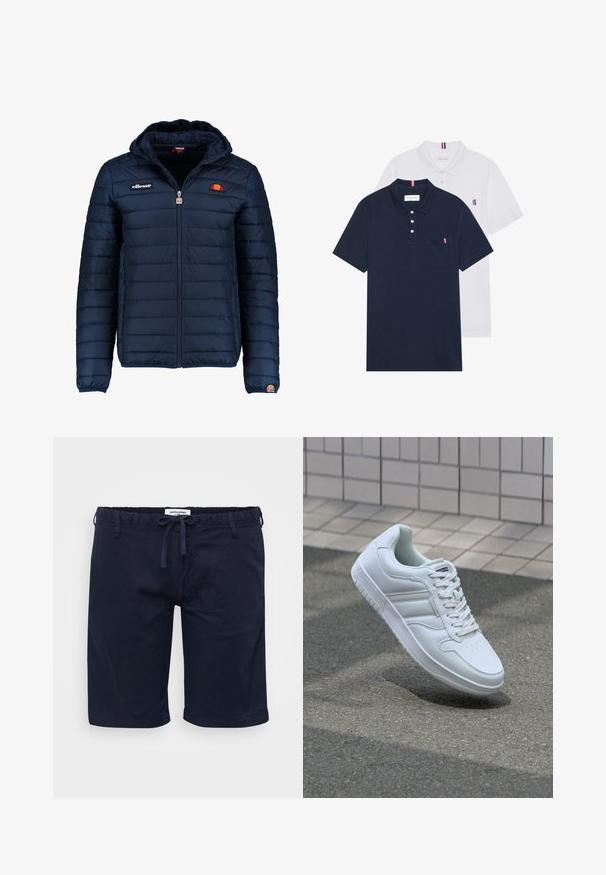 Tamsiai mėlynas pūkinis švarkas su gobtuvu, užtrauktuku, kanalų siuvimu ir logotipo akcentais krūtinėje bei rankovėje. Minkšta, tekstūruota medžiaga.; Du keturių marškiniai: vienas tamsiai mėlynas ir vienas baltas, abu su mažais raudonais, baltais ir mėlynais akcentais ant krūtinės kišenės ir apykaklės.; Tamsiai mėlyni šortai su elastinga juosta ir reguliuojamu raiščiu, pasižymintys laisvu prigludimu ir glotnia tekstūra.; Baltos sportinės kedai su lygaus odos viršumi, raišteliais priekyje, perforuotu kojų pirštu ir raštuotu padu. Minimalistinis dizainas su trimis šoninėmis juostelėmis.