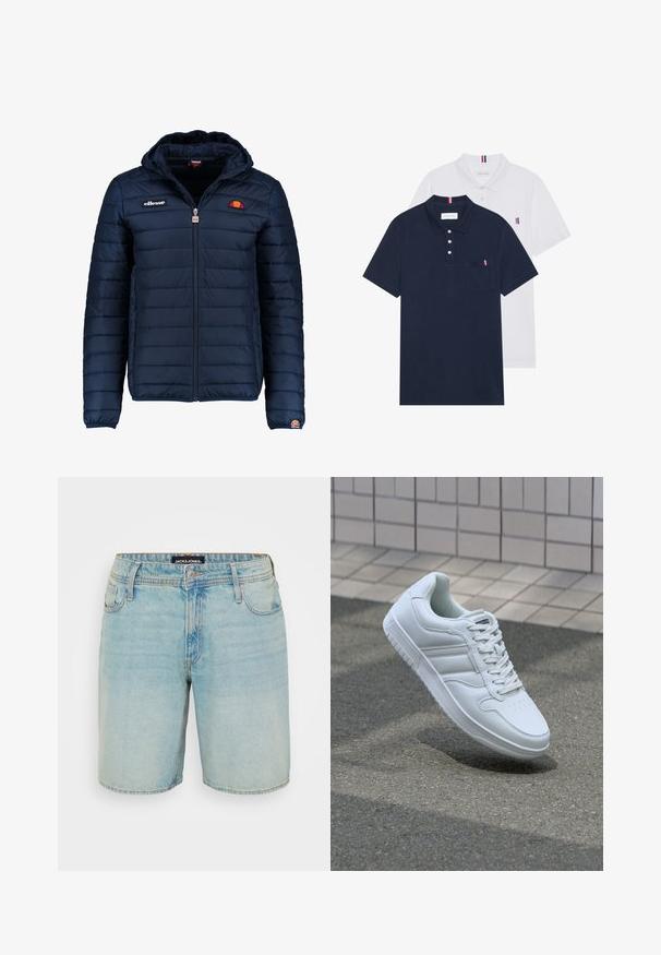 Navy blue puffer jacket with a hood, zip closure, channel stitching, and logo accents on the chest and sleeve. Soft, textured fabric.; Two polo shirts: one navy blue and one white, both with a small red, white, and blue accent on the chest pocket and collar.; Light blue denim shorts with a classic five-pocket design, button closure, and a slightly faded texture. JACKET & JONES label visible on waistband.; White athletic sneaker with smooth leather upper, lace-up front, perforated toe, and patterned sole. Minimalist design with three side stripes.