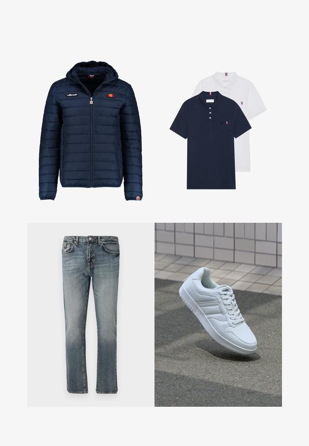 Tumedat sinised puffer jakk kapuutsiga, lukuga suletav, kanalite õmblustega ning logo aktsentidega rinnal ja varrukal. Pehme, tekstuuriga kangas.; Kaks polo särki: üks tumesinine ja üks valge, mõlemal on rinnataskul ja krael väike punase, valge ja sinise aktsent.; Sinine denimist teksamaterjal, sirge jala kujundusega, klassikalise viie tasku paigutusega ja pleekinud pesemisega, mis annab kulunud välimuse.; Valge spordijalanõud silederja nahkvarrega, ninast paeltega, perforatsiooni tõttu ventilatsiooniga ning mustrilise tallaga. Minimalistlik disain, millel on kolm külgmist triipu.