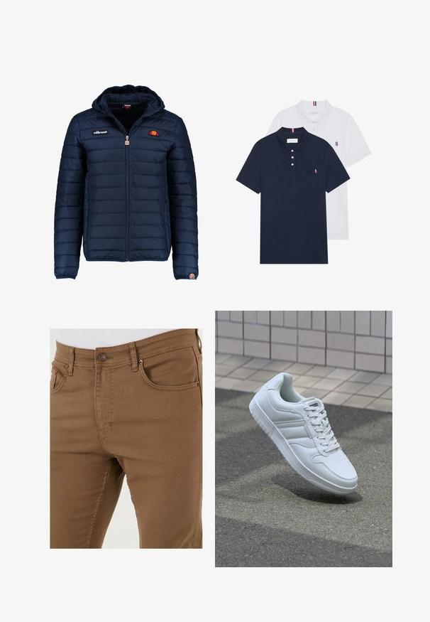 Námořnická modrá péřová bunda s kapucí, zipovým zapínáním, prošívaným vzorem a logem na hrudi a rukávu. Měkká, texturovaná látka.; Dvě polo trička: jedno námořnické modré a jedno bílé, obě s malým červeným, bílým a modrým akcentem na kapse a límci.; Hnědé bavlněné kalhoty s úzkým střihem, pěti kapsami a kovovým knoflíkem v pase. Hladká textura, odolná látka.; Bílé sportovní tenisky s hladkým koženým svrškem, šněrovacím předním dílem, perforovanou špičkou a vzorovanou podrážkou. Minimalistický design se třemi bočními pruhy.
