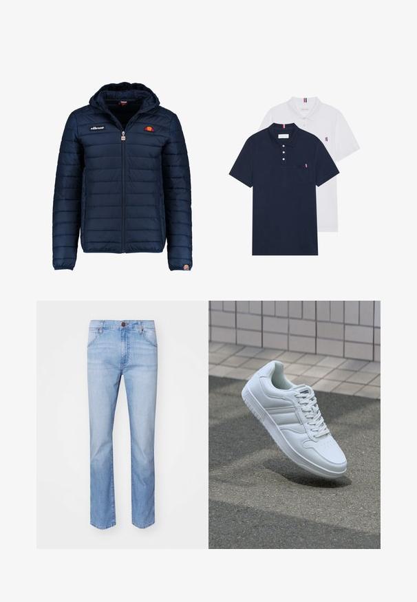 Námořnická modrá péřová bunda s kapucí, zipovým zapínáním, prošívaným vzorem a logem na hrudi a rukávu. Měkká, texturovaná látka.; Dvě polo trička: jedno námořnické modré a jedno bílé, obě s malým červeným, bílým a modrým akcentem na kapse a límci.; Světlé modré džíny z denimu s rovnou nohavicí, které mají přední kapsy, zapínání na knoflík a jemné vyblednutí po celé ploše.; Bílé sportovní tenisky s hladkým koženým svrškem, šněrovacím předním dílem, perforovanou špičkou a vzorovanou podrážkou. Minimalistický design se třemi bočními pruhy.