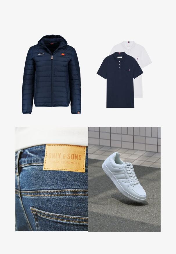 Chaqueta acolchada azul marino con capucha, cierre de cremallera, costuras en canales y acentos de logo en el pecho y la manga. Tejido suave y texturizado.; Dos camisetas polo: una de color azul marino y otra blanca, ambas con un pequeño acento en rojo, blanco y azul en el bolsillo del pecho y el cuello.; Pantalones vaqueros de denim azul con una prominente etiqueta de cuero marrón cosida en la parte trasera, que presenta el texto "ONLY & SONS" y "CREADORES DE VAQUEROS APASIONADOS."; Zapatilla atlética blanca con parte superior de cuero suave, cierre de cordones en el frente, puntera perforada y suela con patrón. Diseño minimalista con tres rayas laterales.