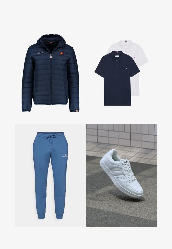 Dunkelblaue Daunenjacke mit Kapuze, Reißverschluss, Kastensteppnähten und Logo-Akzenten auf der Brust und dem Ärmel. Weicher, strukturierter Stoff.; Zwei Poloshirts: eines in marineblau und eines in Weiß, beide mit einem kleinen rot, weiß und blauen Akzent auf der Brusttasche und dem Kragen.; Blaue Sweatpants aus weichem Material mit einem elastischen Bund und Kordelzug, seitlichen Taschen und einem Logo am Oberschenkel.; Weiße sportliche Sneaker mit Obermaterial aus glattem Leder, Schnürfront, durchlöchtem Zehenbereich und gemusterter Sohle. Minimalistisches Design mit drei Seitenstreifen.