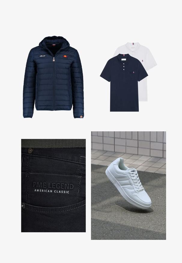 Granatowa kurtka puchowa z kapturem, zapinana na zamek, z przeszyciami w kształcie kanałów oraz akcentami loga na piersi i rękawie. Miękka, teksturowana tkanina.; Dwa koszulki polo: jedna granatowa, a druga biała, obie z małym akcentem w kolorach czerwonym, białym i niebieskim na kieszeni na piersi oraz kołnierzyku.; Czarne dżinsy mają teksturowane wykończenie z delikatnym połyskiem. Metka przedstawia napis "PME LEGEND AMERICAN CLASSIC" w wytłoczonych białych literach.; Białe sportowe trampki z gładkiej skóry, z zapięciem na sznurowadła, perforowanym noskiem i wzorzystą podeszwą. Minimalistyczny design z trzema paskami po bokach.