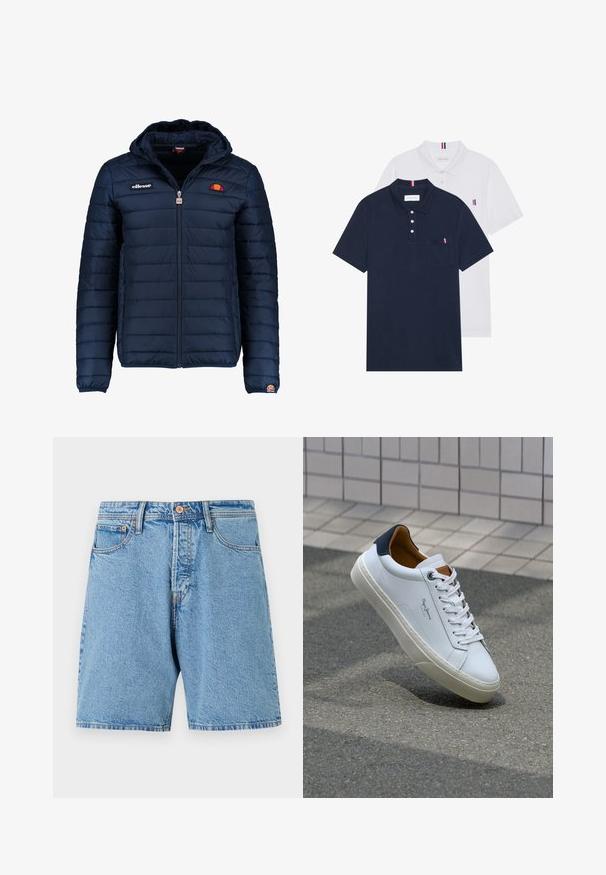 Tums zilā puffer jaka ar kapuci, rāvējslēdzēja aizdare, kanālu šuvēm un logotipa akcentiem uz krūtīm un piedurknēm. Mīksta, teksturēta auduma.; Divas polo kreklu komplekts: viens tumši zils un viens balts, abi ar mazu sarkanu, baltu un zilu akcentu uz krūšu kabatas un apkakles.; Gaišzili džinsu šorti ar klasisku piegriezumu, piecām kabatām un kontrastējošām šuvēm. Iespējo poga aizdare un plandošā apmale.; Baltas ādas čības ar tumši zilu papēdi, apaļu purngalu un kontrastējošām brūnām detaļām. Aprīkotas ar plakanu auklu un struktūrētu gumijas zoli.