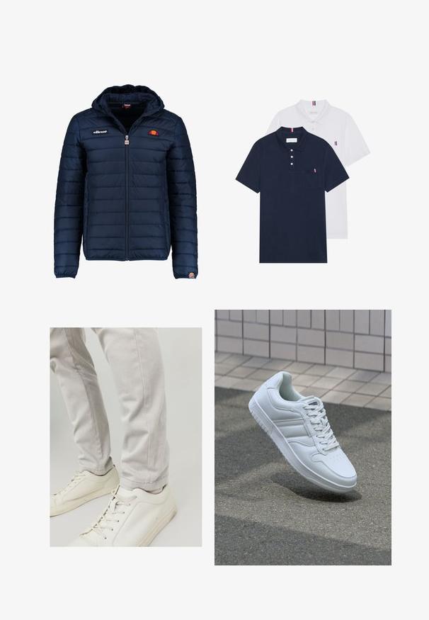 Mornaricnoplava pufasta jakna s kapuljačom, zatvaranje na zip, kanalno šivanje i akcenti s logom na prsima i rukavu. Mekani, teksturirani materijal.; Dva polo majice: jedna tamnoplava i jedna bijela, obje s malim crveno-bijelim-plavim naglaskom na džepu i ovratniku.; Svijetlosive hlače od mješavine pamuka, s uskim krojem i minimalnim šavovima, uparene s bijelim tenisicama.; Bijela atletska tenisica s glatkim kožnim gornjim dijelom, vezanjem sprijeda, perforiranim vrhom i uzorkovanim đonom. Minimalistički dizajn s tri bočne pruge.