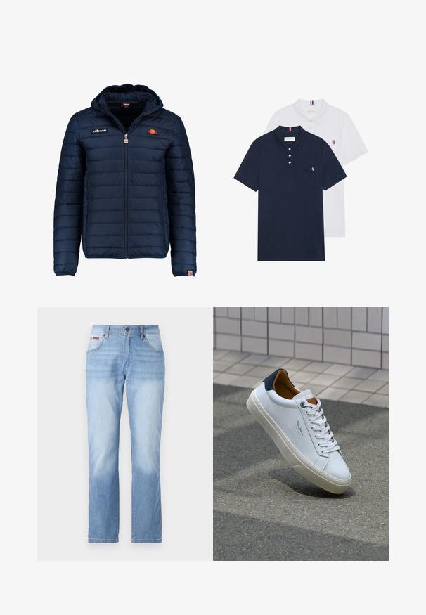 Chaqueta acolchada azul marino con capucha, cierre de cremallera, costuras en canales y acentos de logo en el pecho y la manga. Tejido suave y texturizado.; Dos camisetas polo: una de color azul marino y otra blanca, ambas con un pequeño acento en rojo, blanco y azul en el bolsillo del pecho y el cuello.; Vaqueros de mezclilla azul claro con un diseño de pierna recta, que cuentan con un cierre frontal de botón, cinco bolsillos y un ligero efecto desgastado.; Zapatilla de cuero blanca con talón en azul marino, punta redonda y acentos en marrón a contraste. Presenta cordones planos y suela de goma texturizada.