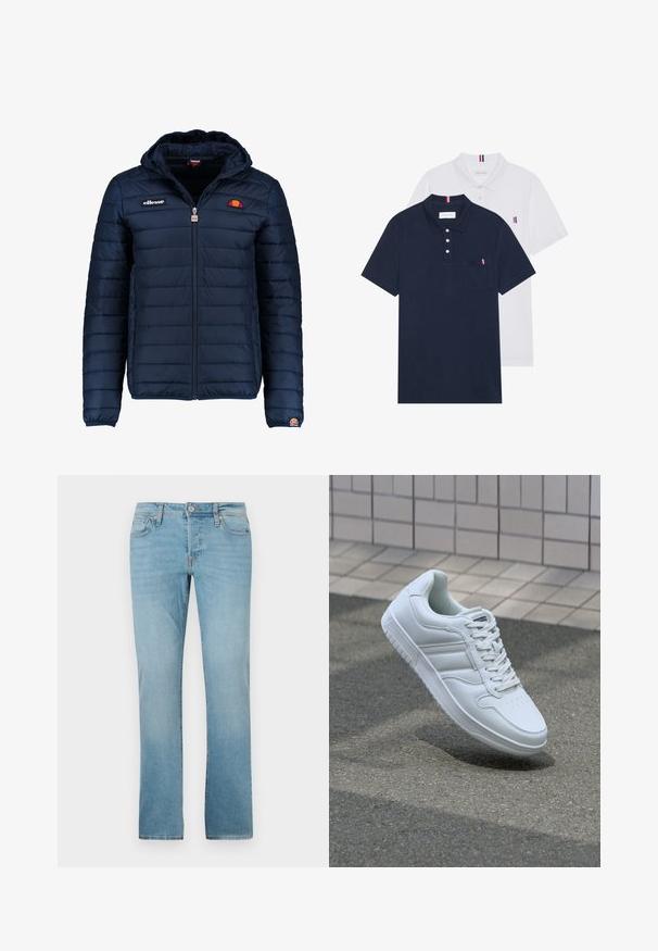 Casaco puffer azul marinho com capuz, fecho de correr, costura em canais e detalhes do logo no peito e na manga. Tecido macio e texturizado.; Duas camisetas polo: uma azul-marinho e uma branca, ambas com um pequeno detalhe em vermelho, branco e azul no bolso do peito e na gola.; Jeans de ganga azul claro, com um design de perna reta, cinco bolsos, fecho de botão e desvanecimento subtil para textura.; Sapatilha desportiva branca com parte superior em couro liso, frente com atacadores, bico perfurado e sola padronizada. Design minimalista com três riscas laterais.