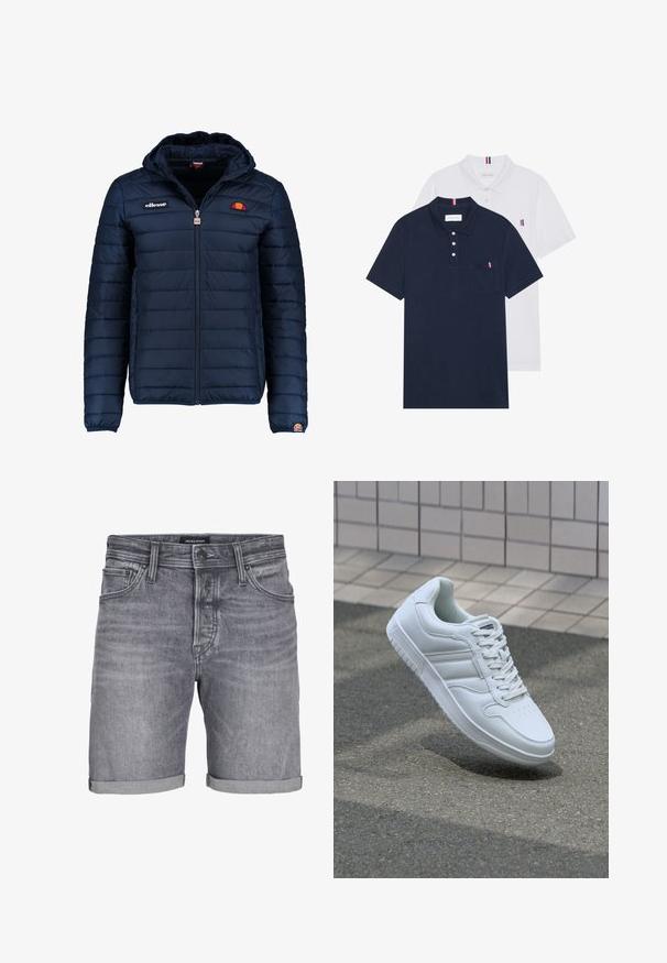 Námornícky modrá prešívaná bunda s kapucňou, zipsom, kanálovým prešívaním a logovými akcentmi na hrudi a rukáve. Mäkkučká, textúrovaná tkanina.; Dvoje polo tričiek: jedno námornícky modré a jedno biele, obidve s malým červeným, bielym a modrým akcentom na vrecku a golieri.; Sivé džínsy šortky s mierne opotrebovaným vzhľadom, s zdobeným lemom, dizajnom s piatimi vreckami a zapínaním na gombík. Značka: JACK & JONES.; Biele atletické tenisky s hladkým koženým zvrškom, šnurovaním vpredu, perforovanou špičkou a vzorovanou podrážkou. Minimalistický dizajn s tromi bočnými pruhmi.