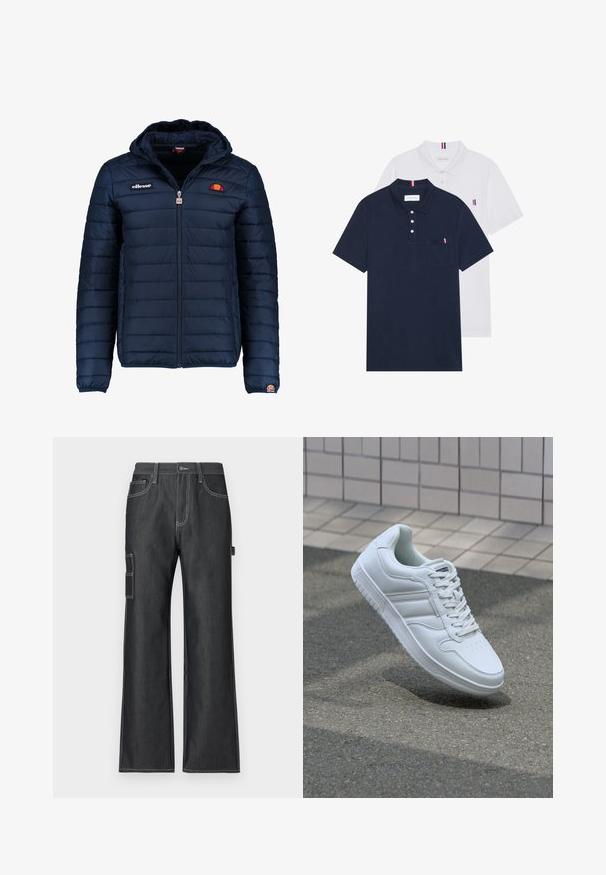 Mornaricnoplava pufasta jakna s kapuljačom, zatvaranje na zip, kanalno šivanje i akcenti s logom na prsima i rukavu. Mekani, teksturirani materijal.; Dva polo majice: jedna tamnoplava i jedna bijela, obje s malim crveno-bijelim-plavim naglaskom na džepu i ovratniku.; Tamno traperice s širokim nogavicama, kontrastnim bijelim šavovima, bočnim džepovima i džepom na lijevoj nogavici.; Bijela atletska tenisica s glatkim kožnim gornjim dijelom, vezanjem sprijeda, perforiranim vrhom i uzorkovanim đonom. Minimalistički dizajn s tri bočne pruge.