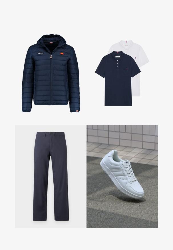 Dunkelblaue Daunenjacke mit Kapuze, Reißverschluss, Kastensteppnähten und Logo-Akzenten auf der Brust und dem Ärmel. Weicher, strukturierter Stoff.; Zwei Poloshirts: eines in marineblau und eines in Weiß, beide mit einem kleinen rot, weiß und blauen Akzent auf der Brusttasche und dem Kragen.; Dunkelblaue, gerade geschnittene Hosen aus Baumwollmischgewebe. Mit einem Knopfverschluss vorne, Gürtelschlaufen und zwei seitlichen Taschen.; Weiße sportliche Sneaker mit Obermaterial aus glattem Leder, Schnürfront, durchlöchtem Zehenbereich und gemusterter Sohle. Minimalistisches Design mit drei Seitenstreifen.