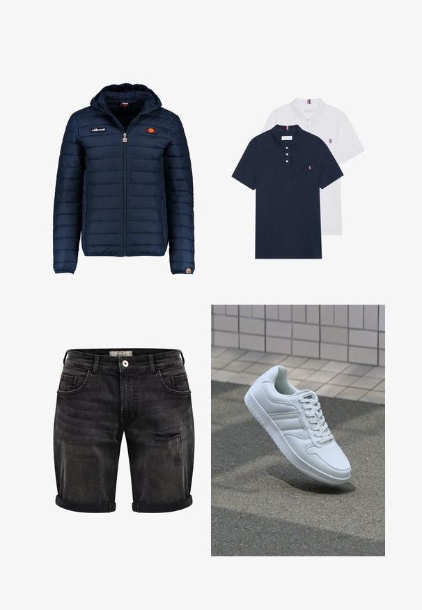 Dunkelblaue Daunenjacke mit Kapuze, Reißverschluss, Kastensteppnähten und Logo-Akzenten auf der Brust und dem Ärmel. Weicher, strukturierter Stoff.; Zwei Poloshirts: eines in marineblau und eines in Weiß, beide mit einem kleinen rot, weiß und blauen Akzent auf der Brusttasche und dem Kragen.; Schwarze Denim-Shorts mit einem abgenutzten Finish, ausgestattet mit umgeschlagenen Säumen, einem Fünf-Taschen-Design und subtilen Ausbleichungen für Textur und Detail.; Weiße sportliche Sneaker mit Obermaterial aus glattem Leder, Schnürfront, durchlöchtem Zehenbereich und gemusterter Sohle. Minimalistisches Design mit drei Seitenstreifen.