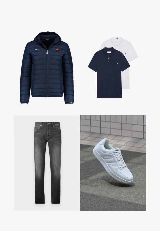 Tummansininen puhvitakki, jossa on huppu, vetoketjukiinnitys, kanavapistoilu ja logoteemaiset yksityiskohdat rinnassa ja hihassa. Pehmeä, teksturoitu kangas.; Kaksi polo-paitaa: yksi tummansininen ja yksi valkoinen, molemmissa pieni punainen, valkoinen ja sininen yksityiskohta rintataskussa ja kauluksessa.; Tumma harmaat farkut kapenevalla istuvuudella, joissa on nappi ja vetoketju, perinteinen viiden taskun muotoilu ja hienovaraista haalistumista jaloissa.; Valkoiset urheilukengät, joissa on sileä nahkapinta, nauhakiinnitys edessä, rei'itetty kärki ja kuvioitu pohja. Minimalistinen muotoilu, jossa on kolme sivuraitaa.