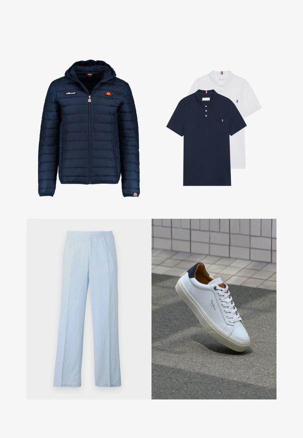 Tumedat sinised puffer jakk kapuutsiga, lukuga suletav, kanalite õmblustega ning logo aktsentidega rinnal ja varrukal. Pehme, tekstuuriga kangas.; Kaks polo särki: üks tumesinine ja üks valge, mõlemal on rinnataskul ja krael väike punase, valge ja sinise aktsent.; Heledad sinised, laiad püksid pehmest kangast ribatekstuuriga, elastse vöökoha ning esikortsudega, vabalt langeva lõikega.; Valge nahast tennis, millel on tumesinine konts, ümmargune nina ja kontrastsed pruuni aktsendid. Omab lamepaelti ja tekstureeritud kummist tallat.