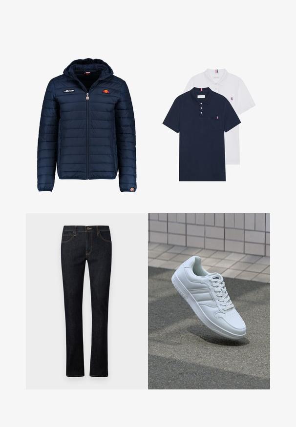 Tumedat sinised puffer jakk kapuutsiga, lukuga suletav, kanalite õmblustega ning logo aktsentidega rinnal ja varrukal. Pehme, tekstuuriga kangas.; Kaks polo särki: üks tumesinine ja üks valge, mõlemal on rinnataskul ja krael väike punase, valge ja sinise aktsent.; Tumedast sinisest denimist teksapüksid sirge säärega, millel on oranž õmblus, viie tasku disain ja esine nupuvajutus.; Valge spordijalanõud silederja nahkvarrega, ninast paeltega, perforatsiooni tõttu ventilatsiooniga ning mustrilise tallaga. Minimalistlik disain, millel on kolm külgmist triipu.