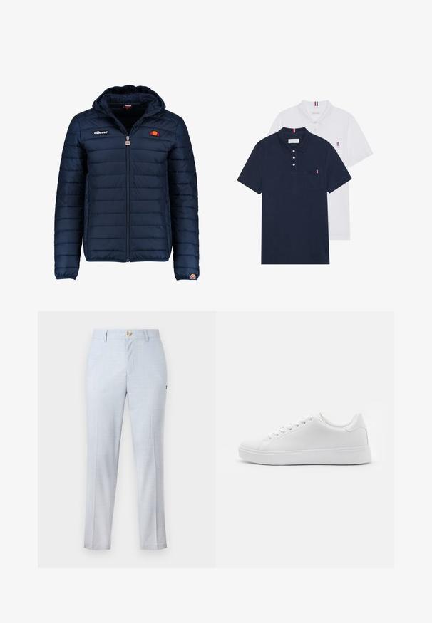 Mornaricnoplava pufasta jakna s kapuljačom, zatvaranje na zip, kanalno šivanje i akcenti s logom na prsima i rukavu. Mekani, teksturirani materijal.; Dva polo majice: jedna tamnoplava i jedna bijela, obje s malim crveno-bijelim-plavim naglaskom na džepu i ovratniku.; Svijetloplave hlače od tkanine, s klasičnim krojem, ravnim nogavicama, prednjim džepovima i zatvaranjem na gumb. Diskretni uzorak.; Bijele tenisice s glatkim sintetičkim gornjim dijelom, okruglim nožnim prstom, šest rupa za vezanje i niskoprofilnom gumenom potplatom s teksturiranim detaljima.