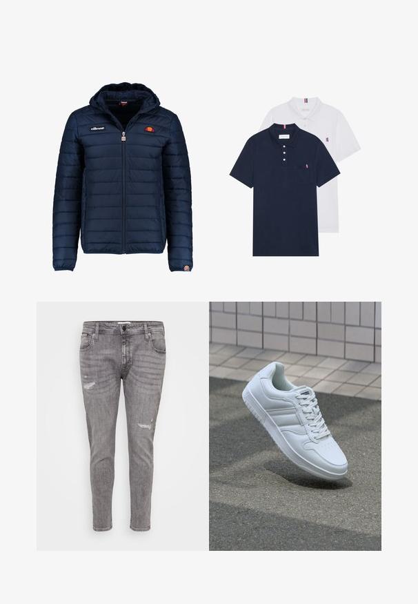 Tengerészkék puffos dzseki kapucnival, cipzáras záródással, csatorna varrással, és logóval díszített mellkassal és ujjakkal. Puha, texturált anyag.; Két pólóing: az egyik sötétkék, a másik fehér, mindkettőn kicsi piros, fehér és kék díszítés található a mellzsebből és a galléron.; Szürke farmernadrág, kopott részletekkel, slim fit szabással, hagyományos öt zsebes dizájnnal, és enyhén szűkített szárral.; Fehér sportcipő sima bőr felsőrésszel, fűzős elülettel, perforált orral és mintázott talppal. Minimalista dizájn három oldalsávval.