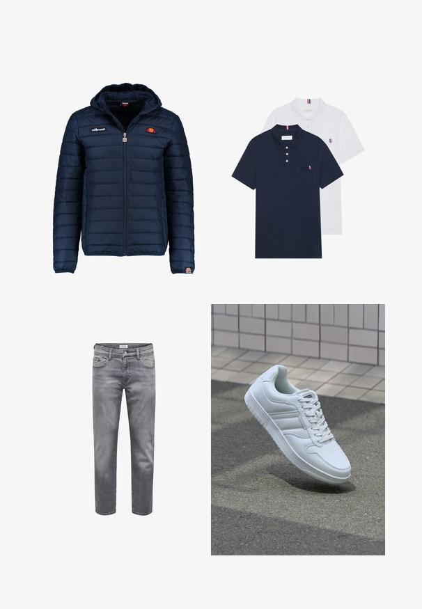 Veste matelassée bleu marine avec capuche, fermeture zippée, coutures en canaux et accents de logo sur la poitrine et la manche. Tissu doux et texturé.; Deux polos : un bleu marine et un blanc, tous deux avec un petit accent rouge, blanc et bleu sur la poche poitrine et le col.; Jean en denim gris à coupe droite, doté d'une fermeture à boutons, de passants pour ceinture et de poches avant. Le tissu présente une texture douce avec un effet de lavage subtil.; Baskets blanches de sport avec une tige en cuir lisse, un laçage à l'avant, une pointe perforée et une semelle à motifs. Design minimaliste avec trois bandes latérales.