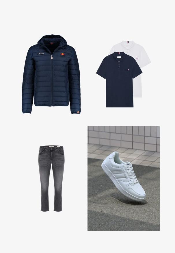 Tengerészkék puffos dzseki kapucnival, cipzáras záródással, csatorna varrással, és logóval díszített mellkassal és ujjakkal. Puha, texturált anyag.; Két pólóing: az egyik sötétkék, a másik fehér, mindkettőn kicsi piros, fehér és kék díszítés található a mellzsebből és a galléron.; Szürke farmernadrág egyenes szabással, öt zsebes kialakítással és finom kopással. Gombos záródással és övhurkokkal a deréknál.; Fehér sportcipő sima bőr felsőrésszel, fűzős elülettel, perforált orral és mintázott talppal. Minimalista dizájn három oldalsávval.