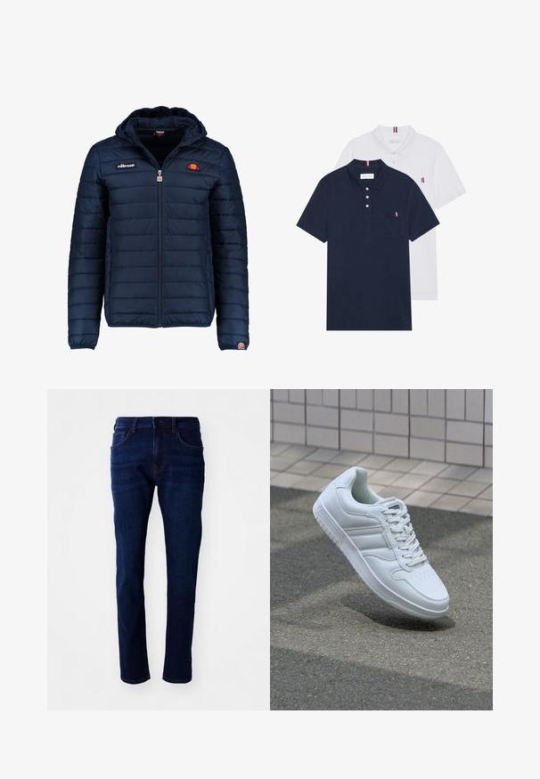 Mornaricnoplava pufasta jakna s kapuljačom, zatvaranje na zip, kanalno šivanje i akcenti s logom na prsima i rukavu. Mekani, teksturirani materijal.; Dva polo majice: jedna tamnoplava i jedna bijela, obje s malim crveno-bijelim-plavim naglaskom na džepu i ovratniku.; Tamno plave traperice s ravnim nogavicama, pet džepova i klasičnim dugmadima. Tkanina ima glatku teksturu s blagim izblijedjelim efektom.; Bijela atletska tenisica s glatkim kožnim gornjim dijelom, vezanjem sprijeda, perforiranim vrhom i uzorkovanim đonom. Minimalistički dizajn s tri bočne pruge.