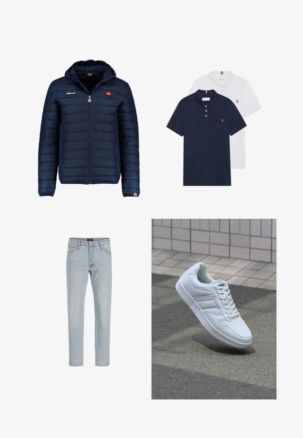 Giubbotto imbottito blu navy con cappuccio, chiusura con zip, cuciture a canale e dettagli con logo sul petto e sulla manica. Tessuto morbido e testurizzato.; Due polo shirt: uno blu navy e uno bianco, entrambi con un piccolo accento rosso, bianco e blu sulla tasca del petto e sul colletto.; Jeans in denim blu chiaro con taglio dritto, design a cinque tasche, chiusura con bottone e texture leggermente sbiadita.; Sneaker sportivo bianco con tomaia in pelle liscia, chiusura con lacci, punta perforata e suola decorata. Design minimalista con tre strisce laterali.