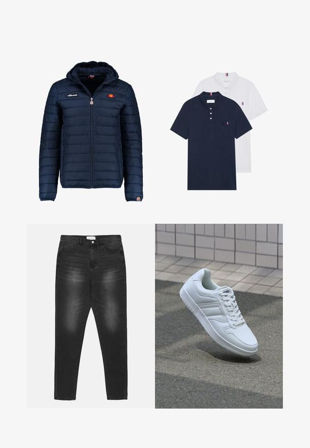 Tamsiai mėlynas pūkinis švarkas su gobtuvu, užtrauktuku, kanalų siuvimu ir logotipo akcentais krūtinėje bei rankovėje. Minkšta, tekstūruota medžiaga.; Du keturių marškiniai: vienas tamsiai mėlynas ir vienas baltas, abu su mažais raudonais, baltais ir mėlynais akcentais ant krūtinės kišenės ir apykaklės.; Juodi džinsai su nusitrynusia danga, aukštu liemeniu, penkių kišenių dizainu ir sidabro spalvos detalėmis. Tiesiai krentantis kirpimas su kontrastingomis siūlėmis.; Baltos sportinės kedai su lygaus odos viršumi, raišteliais priekyje, perforuotu kojų pirštu ir raštuotu padu. Minimalistinis dizainas su trimis šoninėmis juostelėmis.