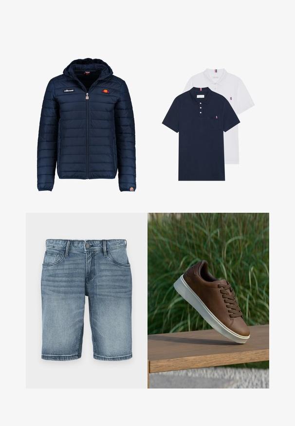 Casaco puffer azul marinho com capuz, fecho de correr, costura em canais e detalhes do logo no peito e na manga. Tecido macio e texturizado.; Duas camisetas polo: uma azul-marinho e uma branca, ambas com um pequeno detalhe em vermelho, branco e azul no bolso do peito e na gola.; Calções de ganga em lavagem azul clara, com um design clássico de cinco bolsos, detalhes costurados e uma perna reta com um acabamento cosido.; Sapatilha de couro castanho com sola de borracha branca, bico redondo e atacadores castanhos. Superfície texturizada na sola e acabamento suave na parte superior.