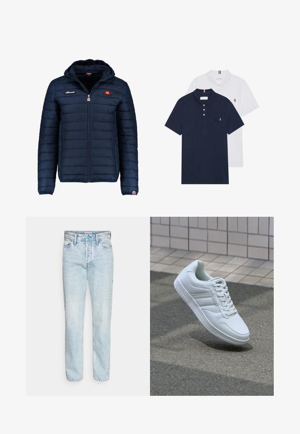 Temno modra napihnjena jakna s kapuco, z zadrgo, kanalnim šivom in logotipom na prsih in rokavu. Mehka, teksturirana tkanina.; Dve polo majice: ena mornarsko modra in ena bela, obe z majhnim rdečim, belim in modrim poudarjanjem na žepu in ovratniku.; Svetlo modri džins hlače s ravnim krojem, pet žepov in rahlim bledenjem po celotni površini. Imajo klasično zapiranje na gumbe in zadrgo.; Bela atletska teniska obutev z gladkim usnjenim zgornjim delom, vezanjem spredaj, perforiranim prstom in vzorčastim podplatom. Minimalistična zasnova s tremi stranskimi črtami.