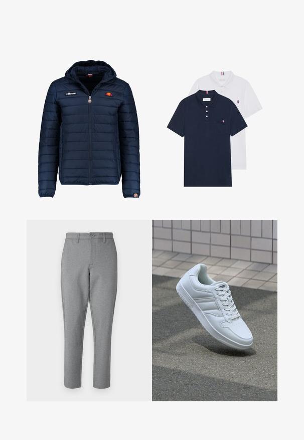 Námořnická modrá péřová bunda s kapucí, zipovým zapínáním, prošívaným vzorem a logem na hrudi a rukávu. Měkká, texturovaná látka.; Dvě polo trička: jedno námořnické modré a jedno bílé, obě s malým červeným, bílým a modrým akcentem na kapse a límci.; Šedé kalhoty na míru s jemnou texturou, rovný střih a zapínání na přední knoflík. Mají poutka na opasek a boční kapsy.; Bílé sportovní tenisky s hladkým koženým svrškem, šněrovacím předním dílem, perforovanou špičkou a vzorovanou podrážkou. Minimalistický design se třemi bočními pruhy.