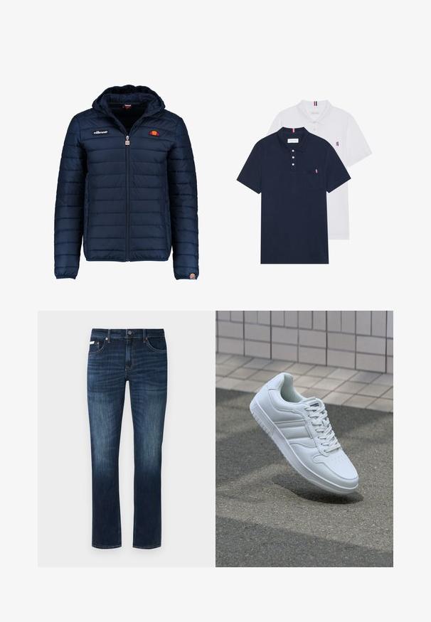 Chaqueta acolchada azul marino con capucha, cierre de cremallera, costuras en canales y acentos de logo en el pecho y la manga. Tejido suave y texturizado.; Dos camisetas polo: una de color azul marino y otra blanca, ambas con un pequeño acento en rojo, blanco y azul en el bolsillo del pecho y el cuello.; Jeans de denim azul oscuro con un corte de pierna recta, que presentan un diseño clásico de cinco bolsillos, herrajes de cobre y sutiles detalles de desgaste.; Zapatilla atlética blanca con parte superior de cuero suave, cierre de cordones en el frente, puntera perforada y suela con patrón. Diseño minimalista con tres rayas laterales.