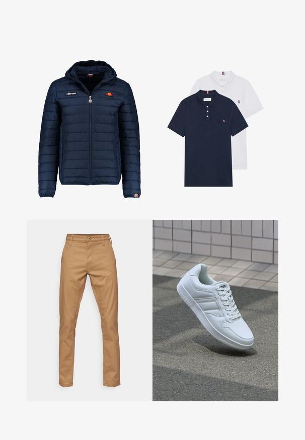 Chaqueta acolchada azul marino con capucha, cierre de cremallera, costuras en canales y acentos de logo en el pecho y la manga. Tejido suave y texturizado.; Dos camisetas polo: una de color azul marino y otra blanca, ambas con un pequeño acento en rojo, blanco y azul en el bolsillo del pecho y el cuello.; G-STAR Pantalones chinos - kangaroo; Zapatilla atlética blanca con parte superior de cuero suave, cierre de cordones en el frente, puntera perforada y suela con patrón. Diseño minimalista con tres rayas laterales.