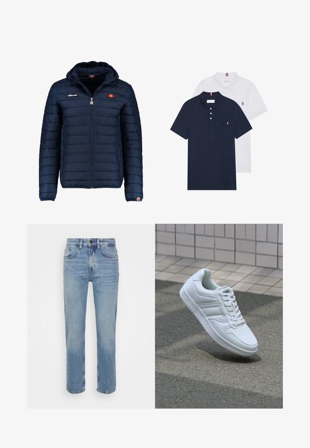 Dunkelblaue Daunenjacke mit Kapuze, Reißverschluss, Kastensteppnähten und Logo-Akzenten auf der Brust und dem Ärmel. Weicher, strukturierter Stoff.; Zwei Poloshirts: eines in marineblau und eines in Weiß, beide mit einem kleinen rot, weiß und blauen Akzent auf der Brusttasche und dem Kragen.; Hellblaue Denim-Jeans mit geradem Bein, fünf Taschen und kontrastierendem Stich. Klassische Knopf- und Reißverschlussdetails an der Taille.; Weiße sportliche Sneaker mit Obermaterial aus glattem Leder, Schnürfront, durchlöchtem Zehenbereich und gemusterter Sohle. Minimalistisches Design mit drei Seitenstreifen.