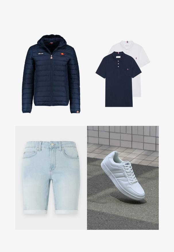 Temno modra napihnjena jakna s kapuco, z zadrgo, kanalnim šivom in logotipom na prsih in rokavu. Mehka, teksturirana tkanina.; Dve polo majice: ena mornarsko modra in ena bela, obe z majhnim rdečim, belim in modrim poudarjanjem na žepu in ovratniku.; Svetlo modri jeans kratke hlače z zavihanimi robovi, klasična zasnova s petimi žepi in sprednjim gumbom za zapiranje. Gladka tekstura s rahlim zbledeljem.; Bela atletska teniska obutev z gladkim usnjenim zgornjim delom, vezanjem spredaj, perforiranim prstom in vzorčastim podplatom. Minimalistična zasnova s tremi stranskimi črtami.