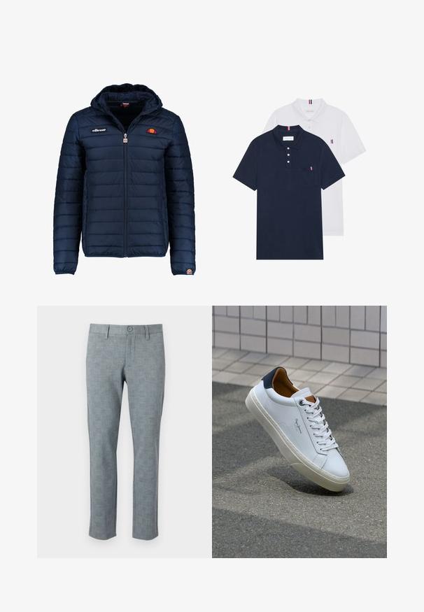 Chaqueta acolchada azul marino con capucha, cierre de cremallera, costuras en canales y acentos de logo en el pecho y la manga. Tejido suave y texturizado.; Dos camisetas polo: una de color azul marino y otra blanca, ambas con un pequeño acento en rojo, blanco y azul en el bolsillo del pecho y el cuello.; Pantalones grises texturizados con un sutil patrón de cuadros. Cuentan con un cierre de botón y un diseño de pierna recta, fabricados en un tejido ligero.; Zapatilla de cuero blanca con talón en azul marino, punta redonda y acentos en marrón a contraste. Presenta cordones planos y suela de goma texturizada.