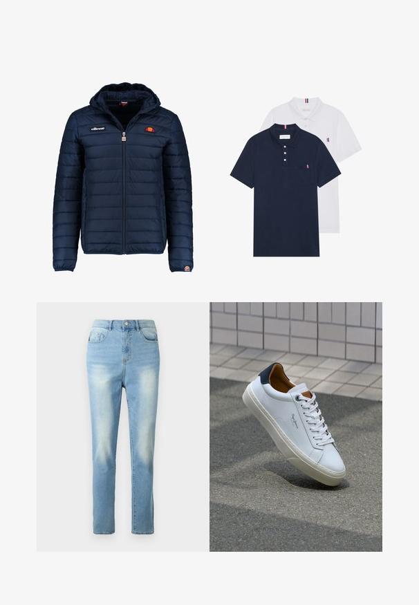 Ναυτικό μπλε ηλεκτρικό μπουφάν με κουκούλα, φερμουάρ, ραφές καναλιού και λογότυπα στο στήθος και το μανίκι. Μαλακό, υφασμάτινο υλικό.; Δύο πουκάμισα πόλο: ένα σκούρο μπλε και ένα λευκό, και τα δύο με ένα μικρό κόκκινο, λευκό και μπλε διακοσμητικό στη τσέπη του στήθους και στον γιακά.; Ανοιχτό μπλε τζιν παντελόνι με ίσια γραμμή, σχέδιο με πέντε τσέπες και ελαφριά φθορά στις μηρούς. Κλασική μέση με κουμπί μπροστά.; Λευκό δερμάτινο αθλητικό παπούτσι με ναυτική φτέρνα, στρογγυλή μύτη και αντίθετα καφέ αξεσουάρ. Διαθέτει επίπεδους κορδόνες και υφή από καουτσούκ στη σόλα.