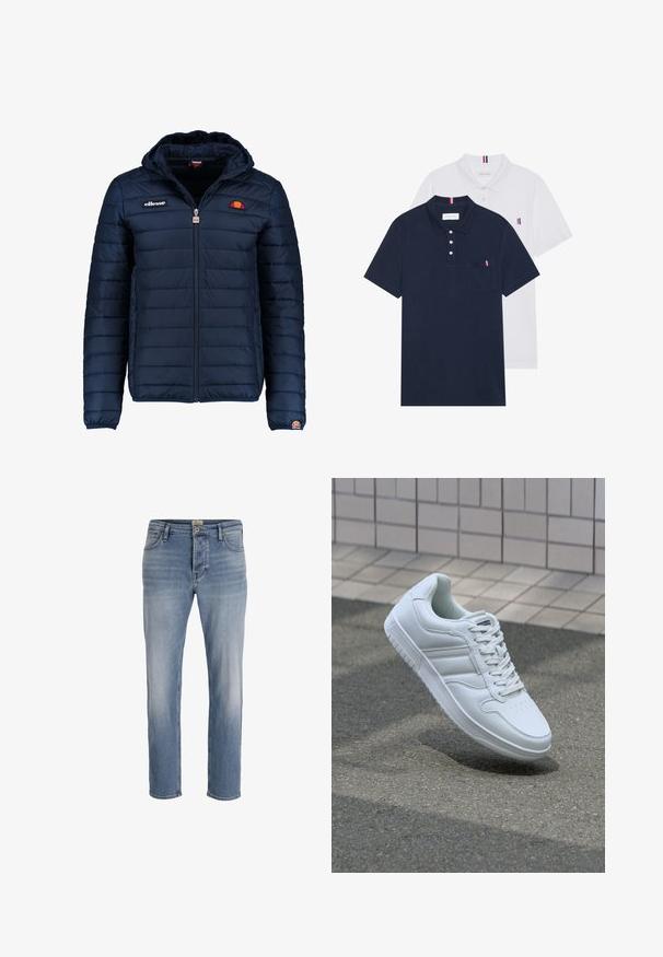 Granatowa kurtka puchowa z kapturem, zapinana na zamek, z przeszyciami w kształcie kanałów oraz akcentami loga na piersi i rękawie. Miękka, teksturowana tkanina.; Dwa koszulki polo: jedna granatowa, a druga biała, obie z małym akcentem w kolorach czerwonym, białym i niebieskim na kieszeni na piersi oraz kołnierzyku.; Jasnoniebieskie dżinsy o prostym kroju, z delikatnym przetarciem z przodu, pięć kieszeni, oraz z metalowym zapięciem w pasie.; Białe sportowe trampki z gładkiej skóry, z zapięciem na sznurowadła, perforowanym noskiem i wzorzystą podeszwą. Minimalistyczny design z trzema paskami po bokach.
