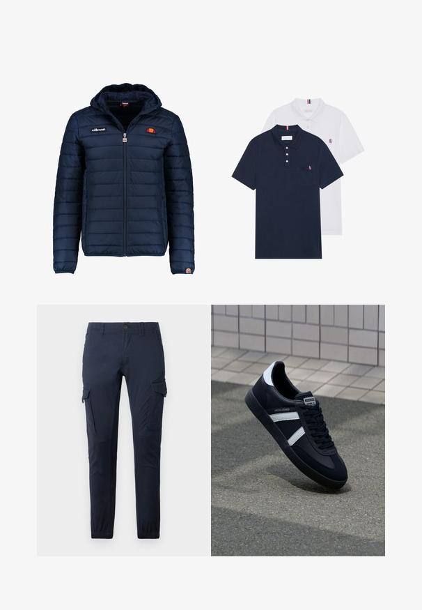 Mörkblå pufferjacka med huva, dragkedjestängning, kanalsömmar och logodetaljer på bröstet och ärmen. Mjuk, texturerad tyg.; Två polo t-shirts: en marinblå och en vit, båda med en liten röd, vit och blå detalj på bröstfickan och kragen.; Marinblå cargobyxor tillverkade av slitstark tyg, med flera fickor, en midja med knapp och elastiska muddar vid anklarna.; Svart lädersneaker med vita ränder, texturerad gummisul, och snörning fram. Har en märkesskylt på tungan.