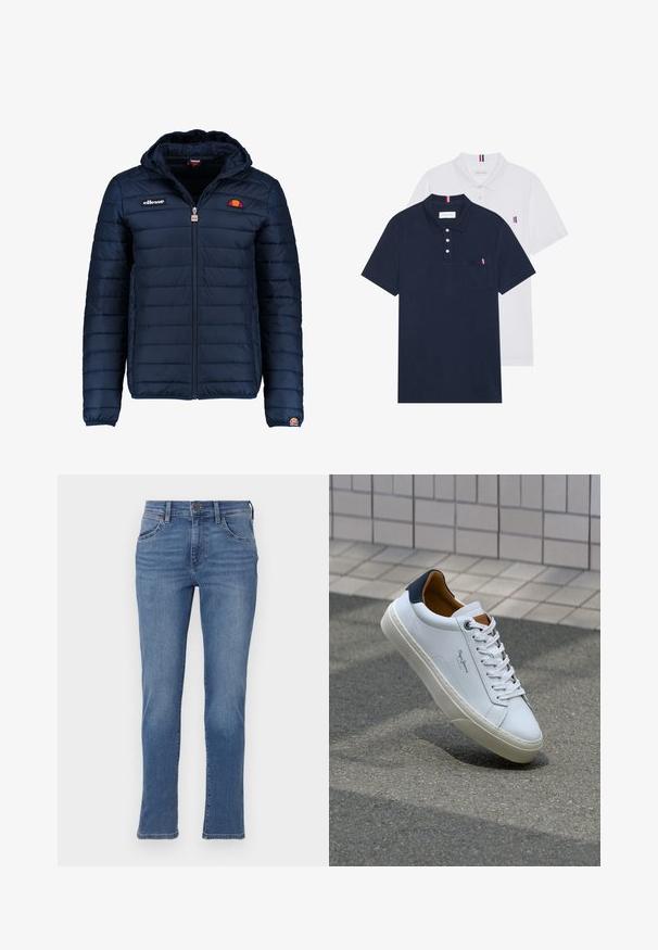 Tums zilā puffer jaka ar kapuci, rāvējslēdzēja aizdare, kanālu šuvēm un logotipa akcentiem uz krūtīm un piedurknēm. Mīksta, teksturēta auduma.; Divas polo kreklu komplekts: viens tumši zils un viens balts, abi ar mazu sarkanu, baltu un zilu akcentu uz krūšu kabatas un apkakles.; Zila denima bikses ar taisnām kājām, kas aprīkotas ar priekšējām kabatām, poga aizdari un mazu nolietošanos audumā.; Baltas ādas čības ar tumši zilu papēdi, apaļu purngalu un kontrastējošām brūnām detaļām. Aprīkotas ar plakanu auklu un struktūrētu gumijas zoli.