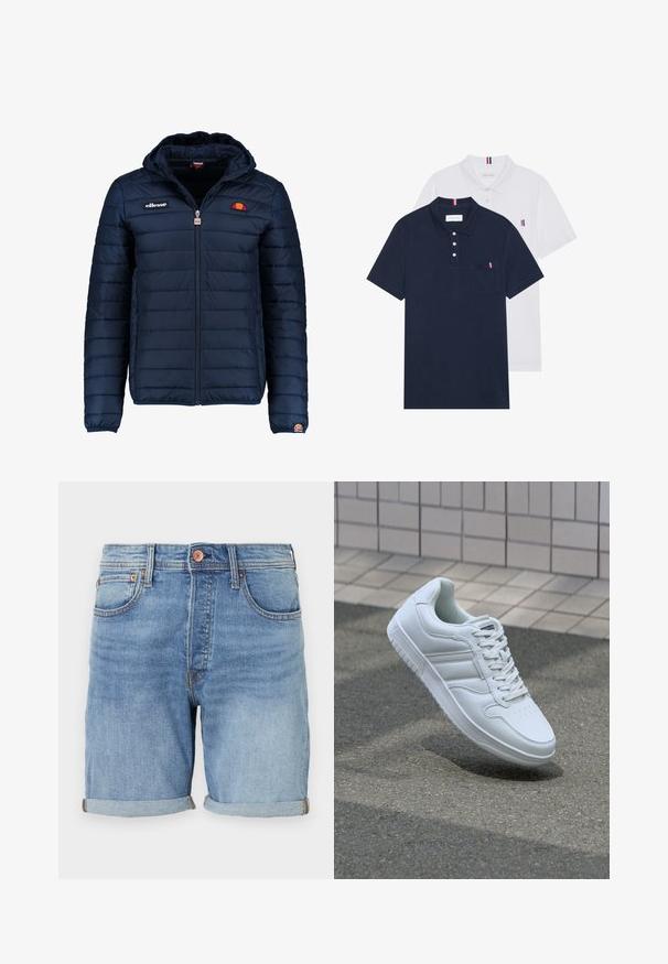 Granatowa kurtka puchowa z kapturem, zapinana na zamek, z przeszyciami w kształcie kanałów oraz akcentami loga na piersi i rękawie. Miękka, teksturowana tkanina.; Dwa koszulki polo: jedna granatowa, a druga biała, obie z małym akcentem w kolorach czerwonym, białym i niebieskim na kieszeni na piersi oraz kołnierzyku.; Jasnoniebieskie szorty dżinsowe o klasycznym kroju, z podwiniętym dołem, kieszeniami z przodu i miedzianymi guzikami. Miękka tekstura i casualowy design.; Białe sportowe trampki z gładkiej skóry, z zapięciem na sznurowadła, perforowanym noskiem i wzorzystą podeszwą. Minimalistyczny design z trzema paskami po bokach.