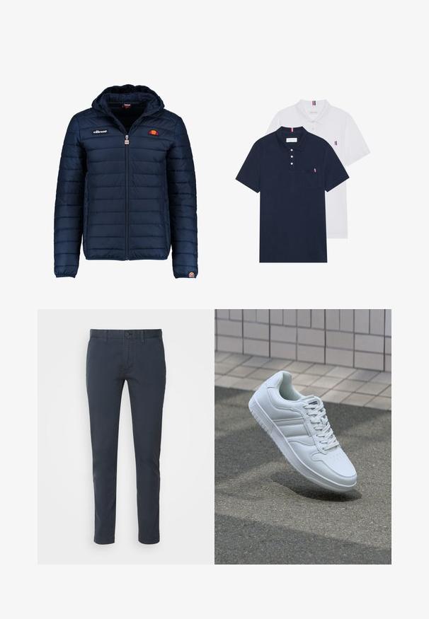 Navy blue puffer jacket with a hood, zip closure, channel stitching, and logo accents on the chest and sleeve. Soft, textured fabric.; Two polo shirts: one navy blue and one white, both with a small red, white, and blue accent on the chest pocket and collar.; Navy blue chinos made of lightweight cotton, featuring a straight cut, button closure, and front pockets. Smooth texture with minimal detailing.; White athletic sneaker with smooth leather upper, lace-up front, perforated toe, and patterned sole. Minimalist design with three side stripes.