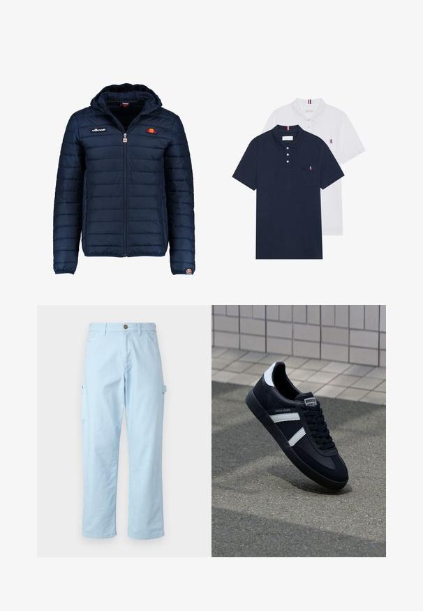 Mørkeblå puffjakke med hætte, lynlåslukning, kanalstyret syning og logo-detaljer på brystet og ærmet. Blødt, struktureret stof.; To polo skjorter: en marineblå og en hvid, begge med en lille rød, hvid og blå detalje på brystlommen og kraven.; Lyseblå cargo-bukser lavet af blødt bomuld med lige snit, der har sidelommer og knaplukning i taljen.; Sort lædersneaker med hvide striber, tekstureret gummisål og snørrebånd foran. Har et brandet mærke på tungen.