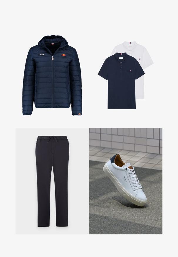 Mörkblå pufferjacka med huva, dragkedjestängning, kanalsömmar och logodetaljer på bröstet och ärmen. Mjuk, texturerad tyg.; Två polo t-shirts: en marinblå och en vit, båda med en liten röd, vit och blå detalj på bröstfickan och kragen.; Svarta träningsbyxor tillverkade av mjukt material med elastisk midja, justerbar dragsko och rak ben-design. Inga synliga mönster eller dekorationer.; Vita lädersneakers med en marinblå häl, rund tå och kontrasterande bruna detaljer. Har plana snören och en texturerad gummisula.