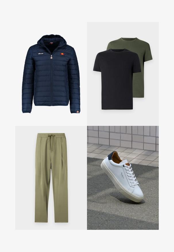 Granatowa kurtka puchowa z kapturem, zapinana na zamek, z przeszyciami w kształcie kanałów oraz akcentami loga na piersi i rękawie. Miękka, teksturowana tkanina.; Dwa t-shirty z okrągłym dekoltem w czarnym i oliwkowym kolorze, wykonane z miękkiej bawełny. Design jest prosty, posiada krótkie rękawy i prosty krój.; Oliwkowe spodnie z elastycznym pasem i sznurkiem ściągającym. Wykonane z gładkiego materiału, z plisowanym wzorem dla luźniejszego kroju.; Białe skórzane trampki z granatowym piętkiem, okrągłym noskiem i kontrastowymi brązowymi akcentami. Posiadają płaskie sznurówki i teksturowaną gumową podeszwę.