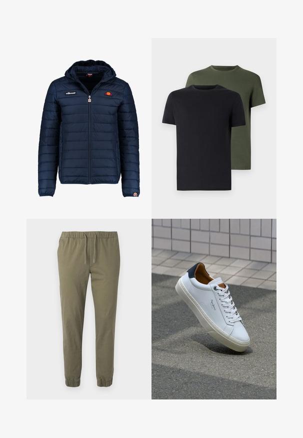 Marineblå puffjakke med hette, glidelås, kanalsøm og logoaksenter på brystet og ermet. Mykt, teksturert stoff.; To t-skjorter med rund hals i svart og olivengrønn, laget av myk bomullstoff. Designet er enkelt med korte ermer og rett snitt.; Olivengrønne, avsmalnende bukser med elastisk midje og justerbar snor. Har elastiske mansjetter og et glatt, lett stoff.; Hvit lærsneaker med marineblå hæl, rund tå og kontrasterende brune detaljer. Har flate lisser og teksturert gummisåle.
