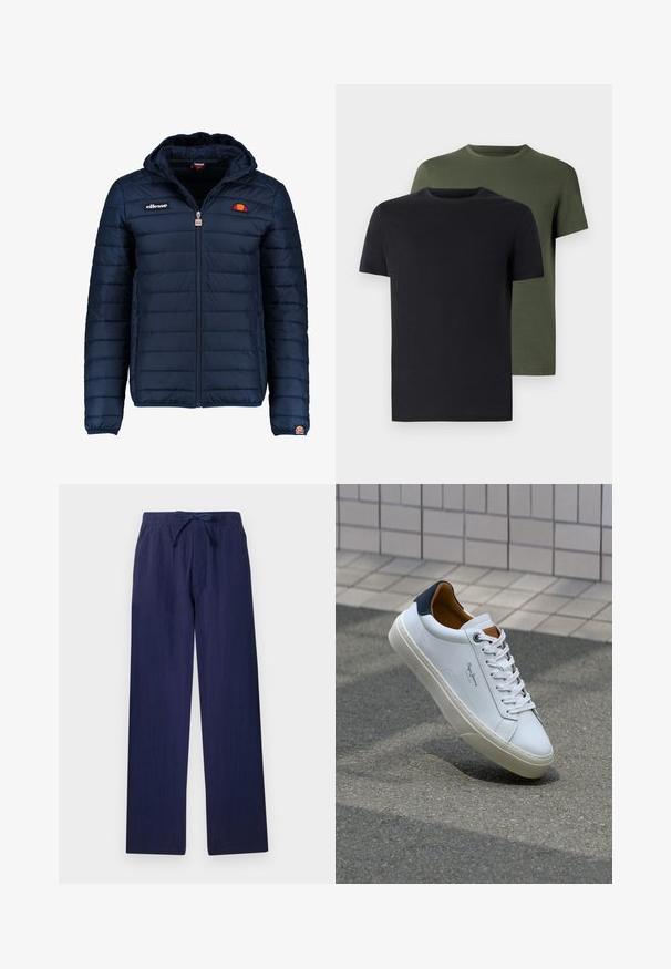 Tumedat sinised puffer jakk kapuutsiga, lukuga suletav, kanalite õmblustega ning logo aktsentidega rinnal ja varrukal. Pehme, tekstuuriga kangas.; Kaks ümarate kaelustega t-särki mustas ja oliivrohelises värvuses, valmistatud pehmest puuvillakangast. Kujundus on lihtne, lühikeste varrukatega ja sirge lõikega.; Tumedate sinised laiad püksid, mis on valmistatud kergest kangast. Omavad elastset vööd koos nööriga ja küljetaskut. Sile tekstuur.; Valge nahast tennis, millel on tumesinine konts, ümmargune nina ja kontrastsed pruuni aktsendid. Omab lamepaelti ja tekstureeritud kummist tallat.